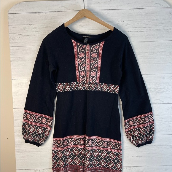 Lucky Brand Dress Womens S Black Aztec Geometric Tribal Cashmere Blend Boho Chic - Picture 1 of 10